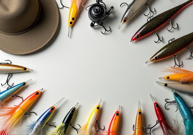 A collection of colorful fishing lures, a reel, and a fishing hat.