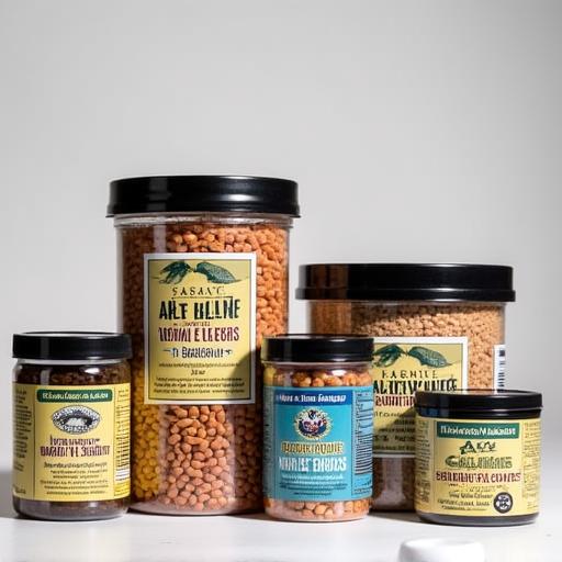 Containers of reptile food pellets and calcium supplement powder.